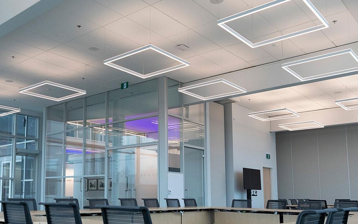 Modern Suspended LED Fixture with Power over Ethernet (PoE) Integration for Smart Building Applications