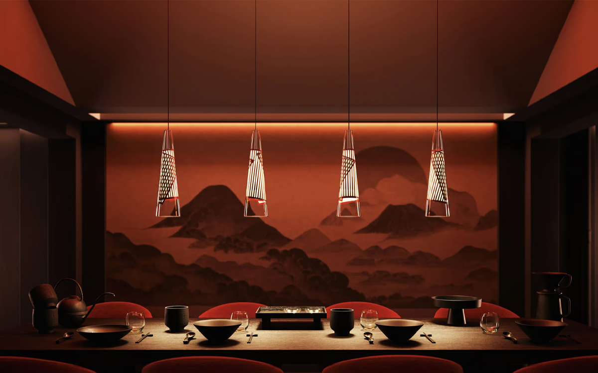 Modern Suspension Lamp with Transparent Cone and Optical Patterns for Sophisticated Interior Design