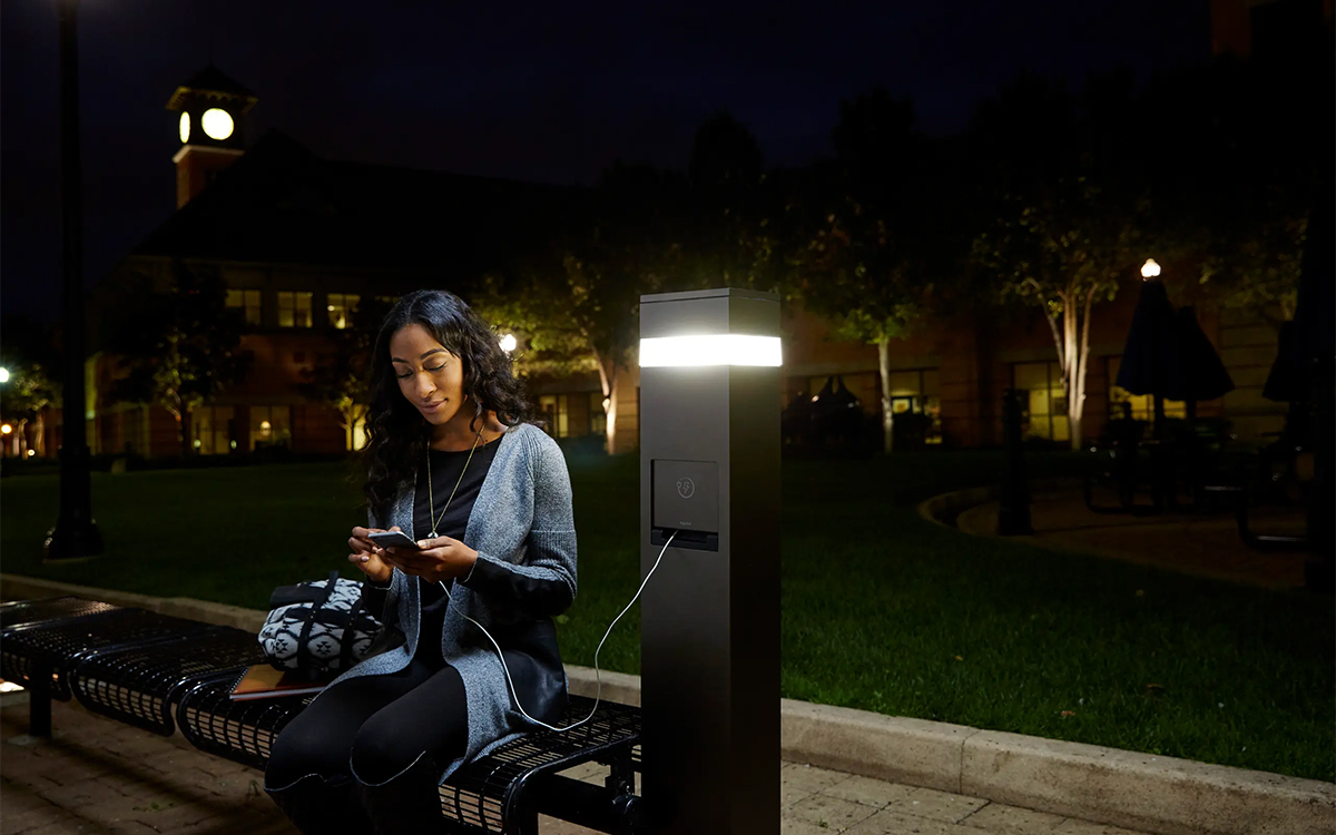 Outdoor Mobile Device Charging Station with Integrated LED Area Light