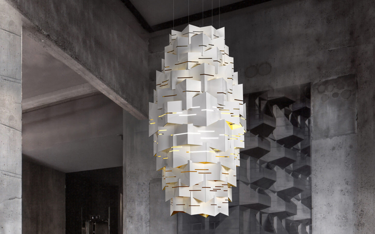 Oversized Vertical Chandelier Featuring Interlocking Metal Panels with Gloss White and Gold Finishes for Modern Luxury Interiors