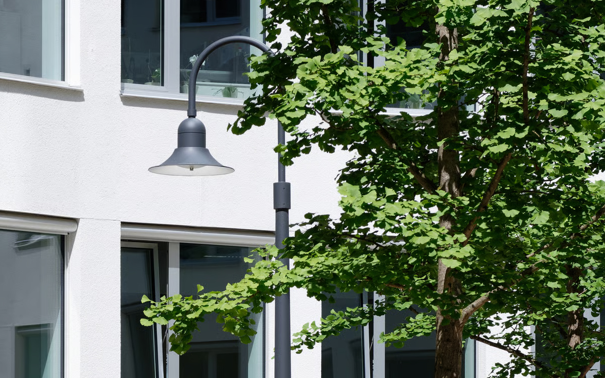 Pendant Street Light with High Optical Efficiency for Public Roads, Plazas, and Pedestrian Zones