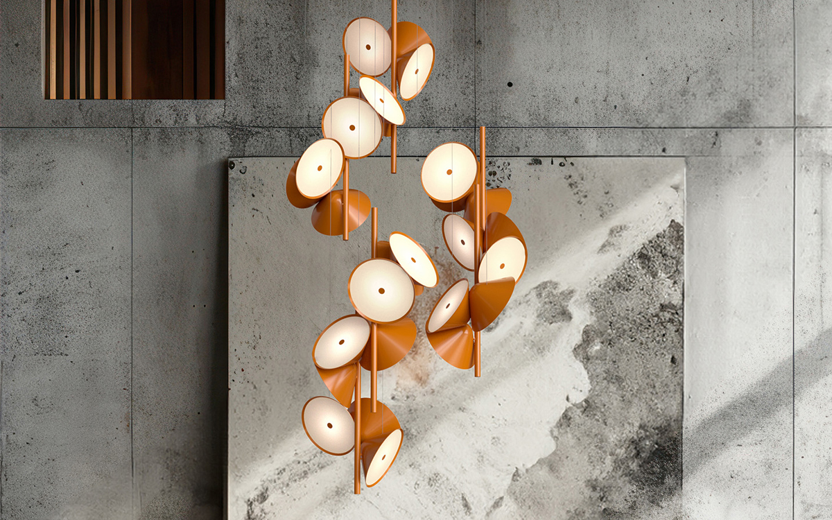 Pizzicato-Inspired Chandelier with Clusters of Geometric Cone Elements and Opal Diffuser LED Lighting for Modern Interiors
