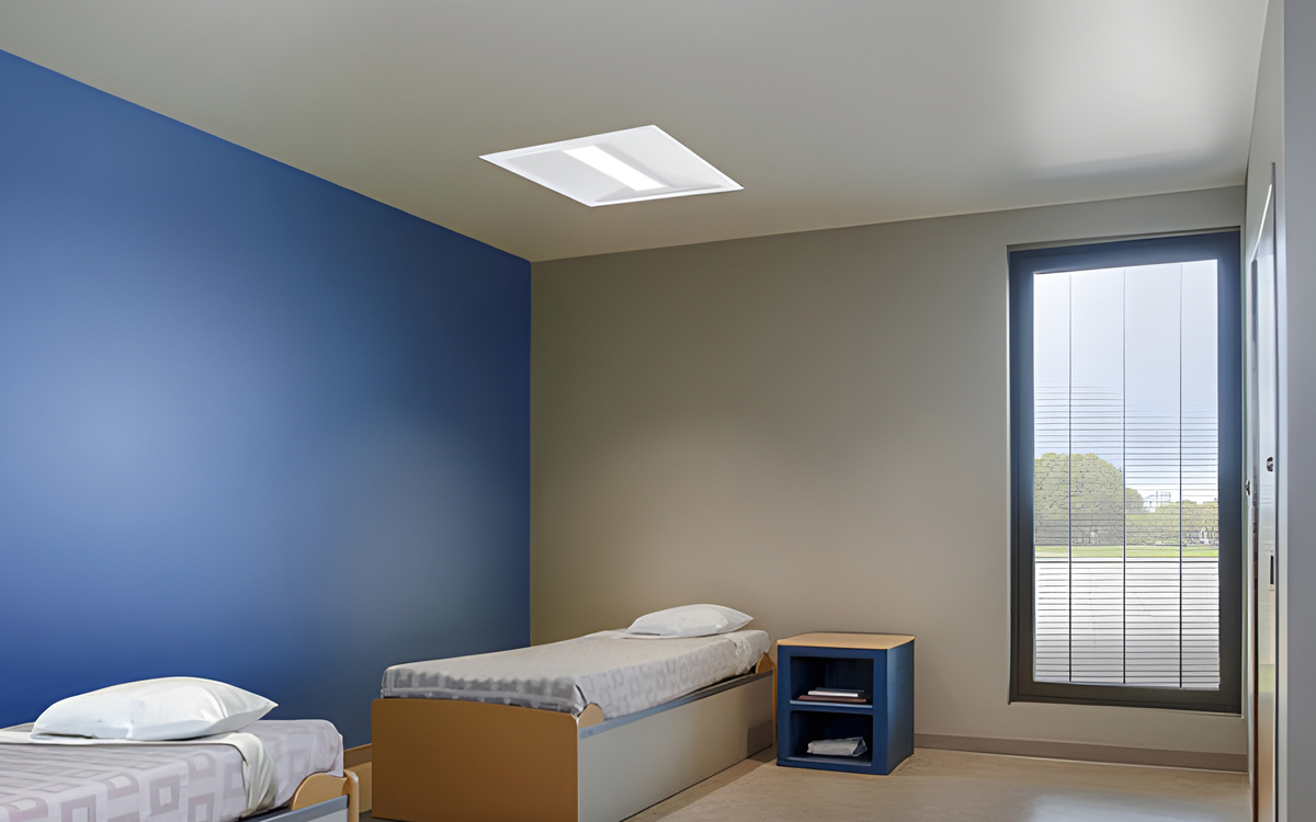 Recessed LED Troffer for Mental Health Facilities with Sealed Ligature Resistant Door Frame