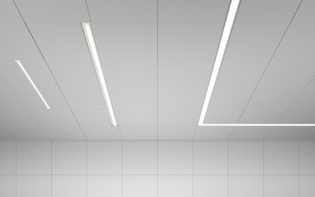 Recessed Linear LED Ceiling Light for Offices, Schools, and Laboratories with CRI 90, DALI Dimming, and Multiple Diffuser Options for Acoustic Ceilings