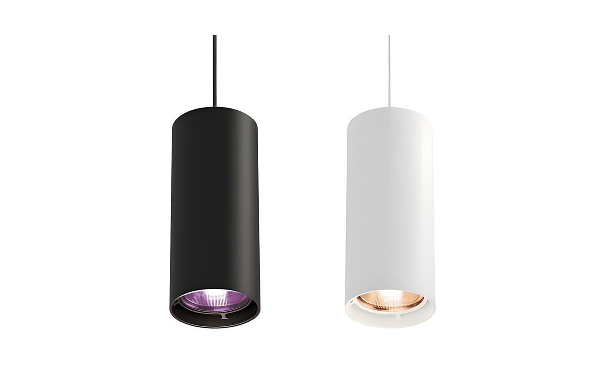 RGBW LED Cylinder Pendant with Interchangeable Optics and DMX512 Control for Dynamic Interior Lighting