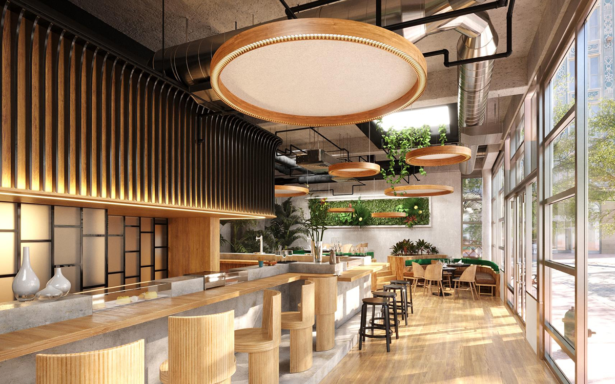 Ring Pendant Light with Sound Absorbing Acoustic Panels for Open Plan Offices and Hospitality Spaces