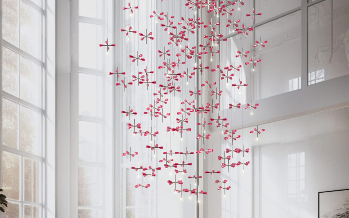 Ruby-Inspired Chandelier with Cascading Crystals, Mirror Ceiling Mount, and Strategic Bi-Pin LED Sparkle Lighting