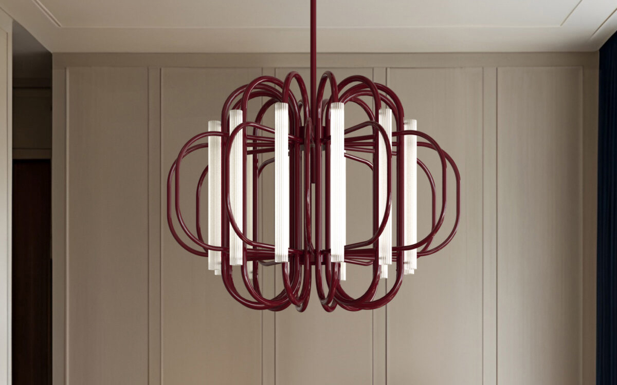 Sculptural Chandelier Light with Arched Metal Arms and Vertical Fluted Glass for Art Deco-Inspired Interiors
