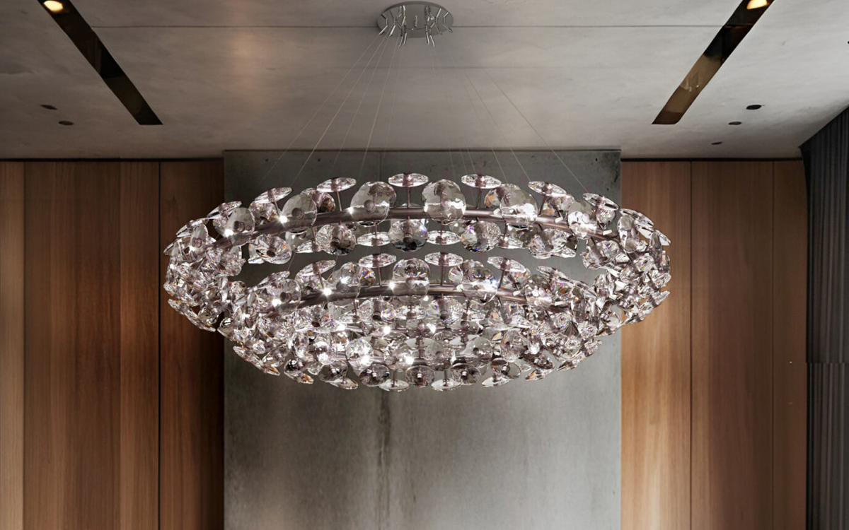 Sculptural Chandelier Light with Faceted Glass Crystals and Art Deco-Inspired Dimensional Elegance for Modern Interiors