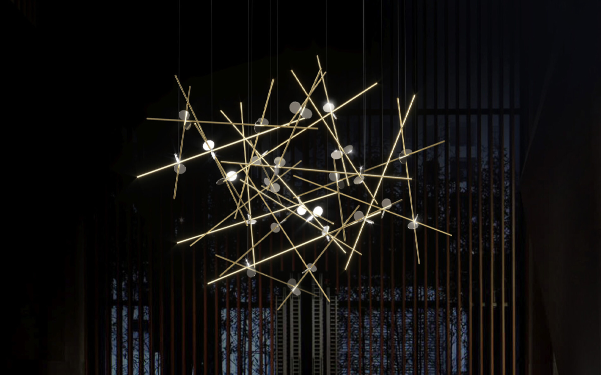 Sculptural Chandelier Light with Intersecting Brass Rods and Twinkling LED Downlights