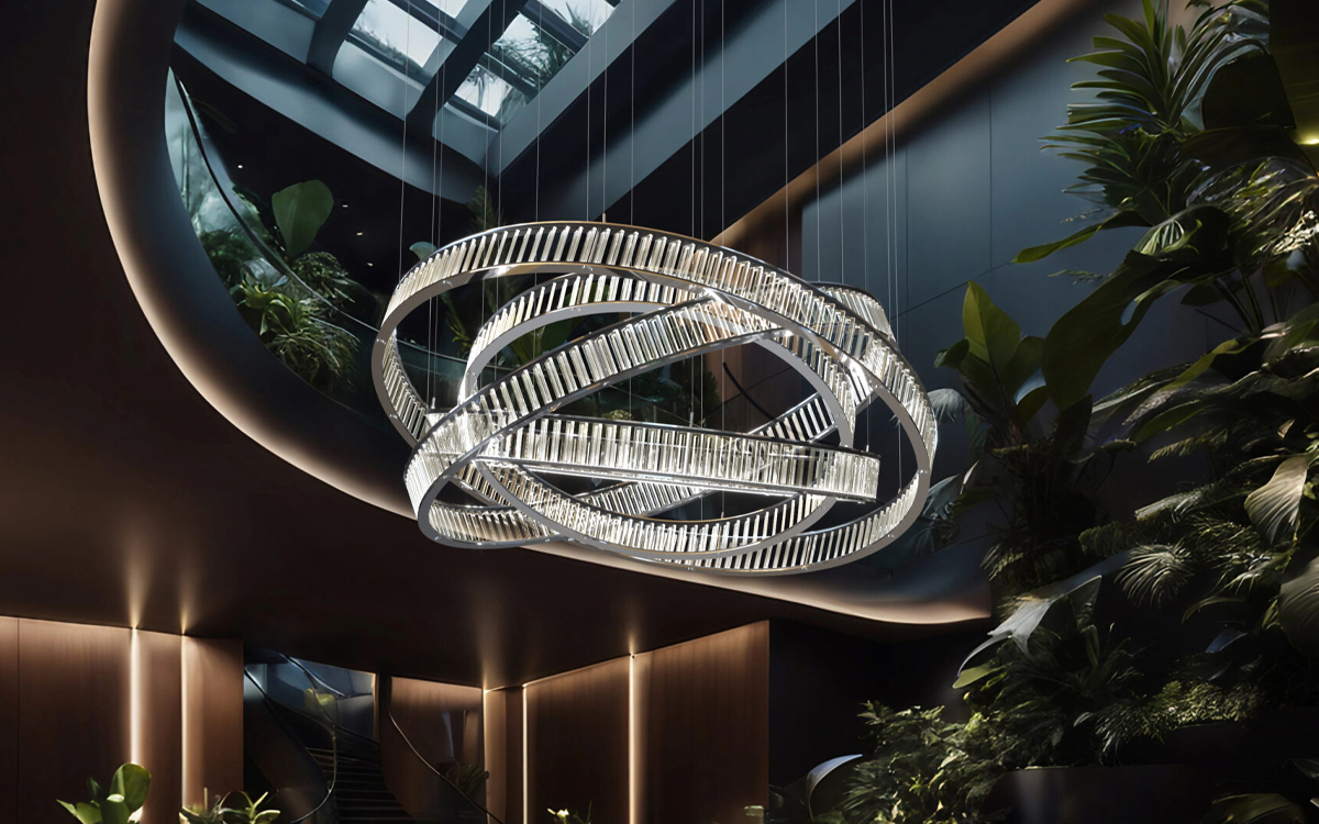 Sculptural Chandelier Light with Layered Metal Rings, Acrylic Interiors, and Integrated LED Strips