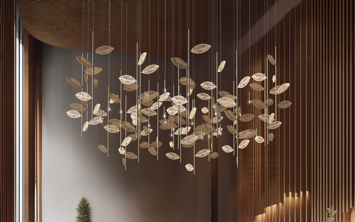 Sculptural Chandelier Light with Natural Plywood Leaves, Organic Metal Stems and Warm Ambient LED Glow
