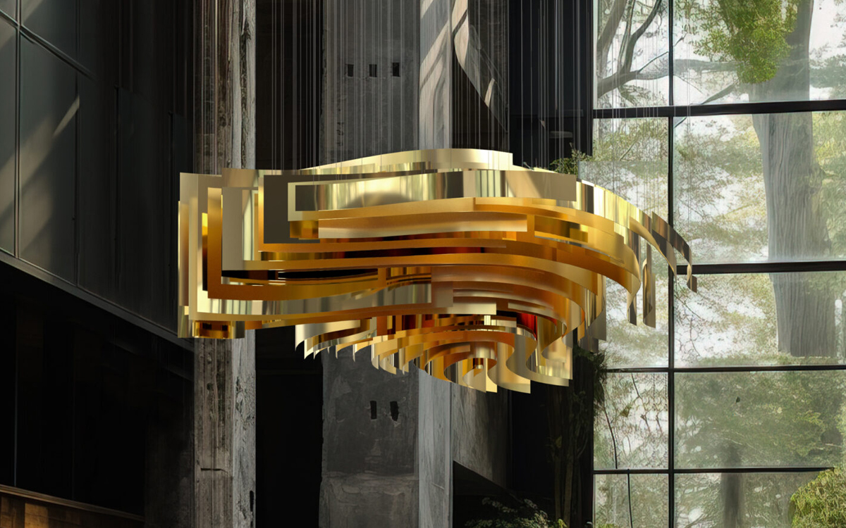 Sculptural Chandelier Light with Rolled Anodized Aluminum Sheets and Sparkling Refraction