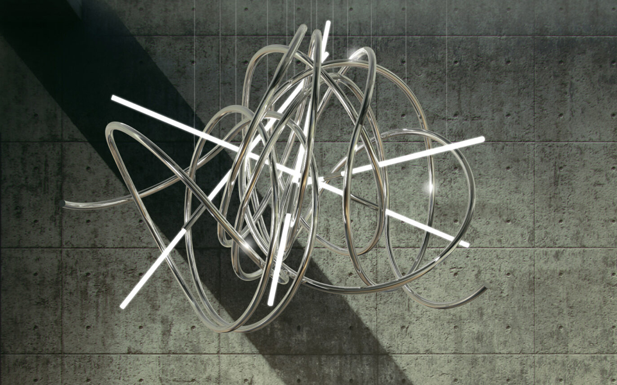 Sculptural Chandelier Light with Rolled Metal Tubes and Floating Opal Acrylic Elements