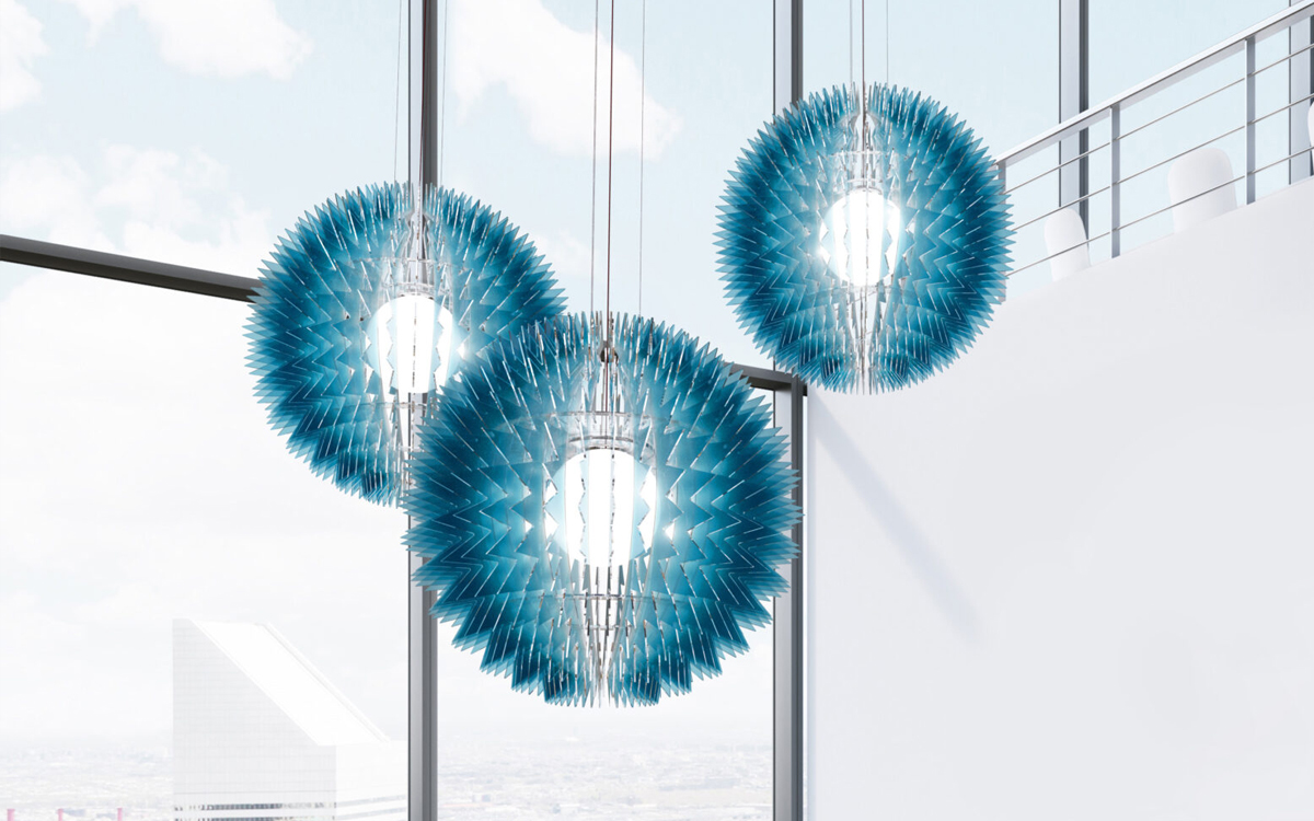 Sculptural Explosion Effect Chandelier Light with Laser-Cut Acrylic Blades and Illuminated LED Sphere