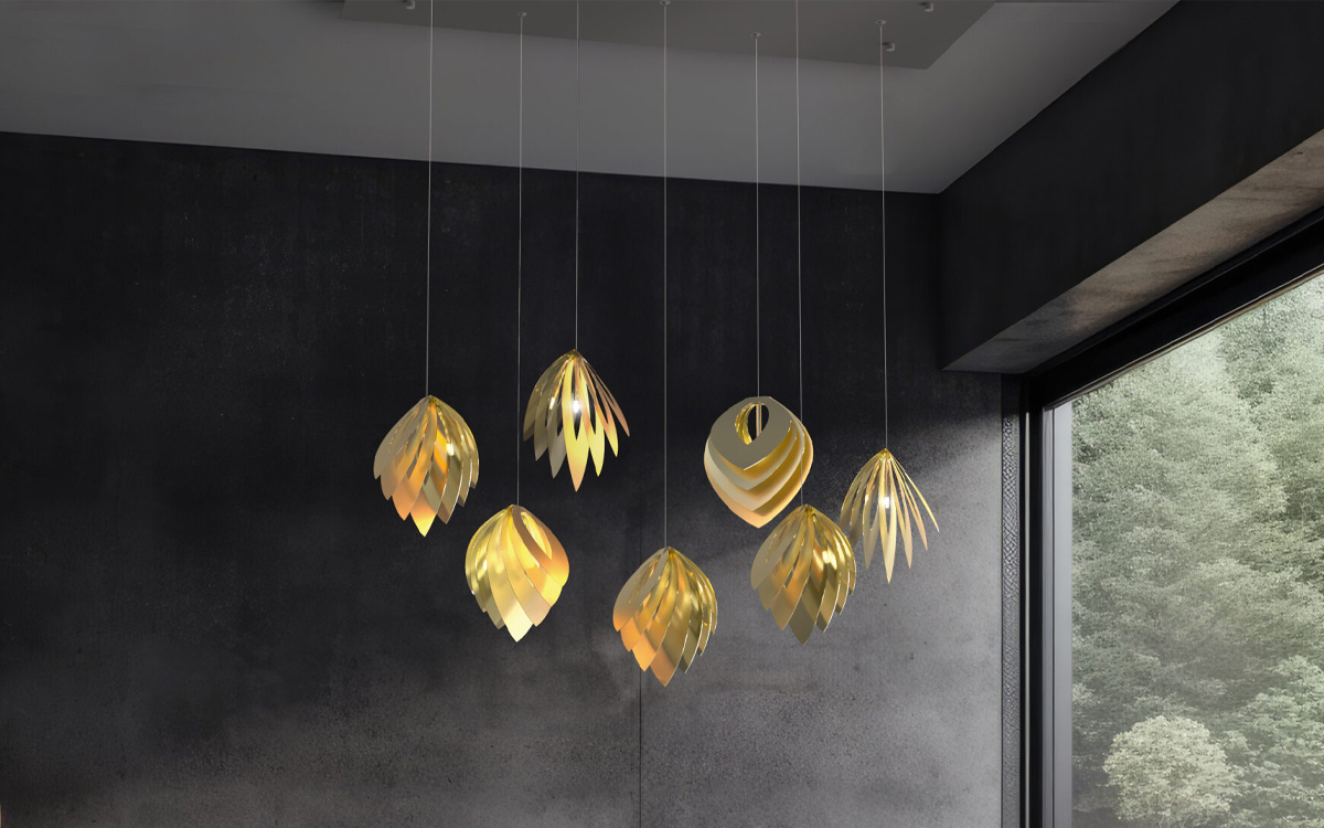 Soho-Inspired Pendant Lights with Diamond Heart and Seashell Shapes and Reflective Aluminum Surfaces