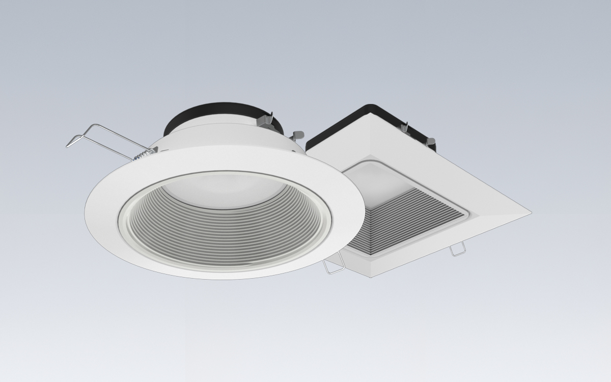 Square and Round Dim-to-Warm LED Downlight with Adjustable Lumen Output for Residential, Retail, and Hospitality Lighting