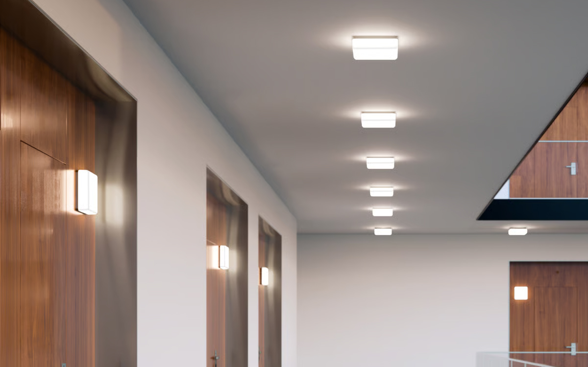 Square LED Ceiling and Wall Fixtures with Integrated Emergency Battery Backup
