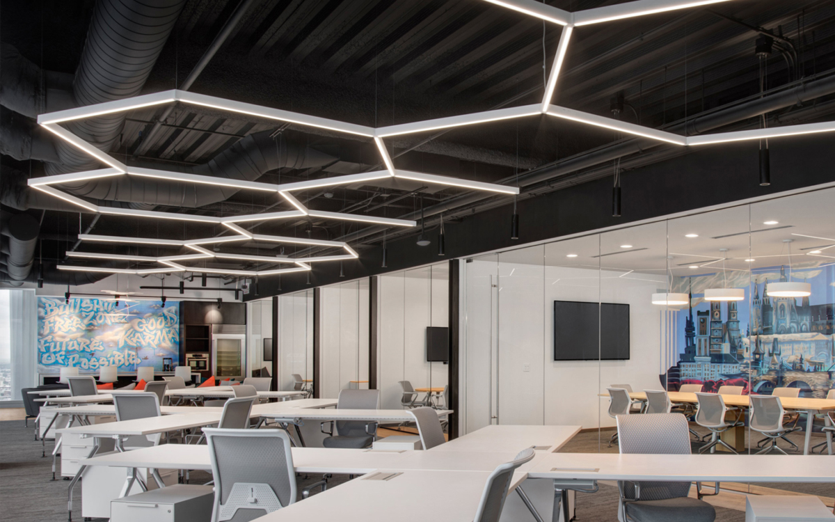 Stencil Architectural Pendant Lighting Fixture with Direct/Indirect Options and Accent Layers