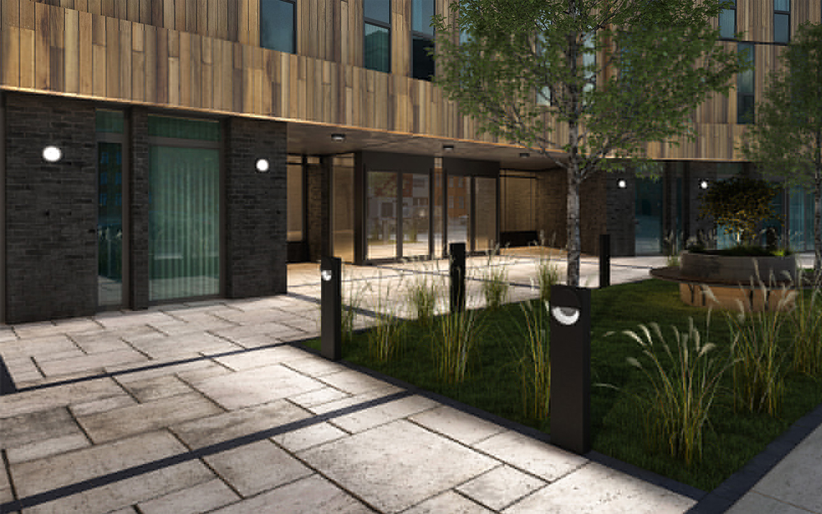 Surface Mount Wall/Ceiling Fixtures with Coordinated LED Bollards for Unified Outdoor Architectural Lighting Design