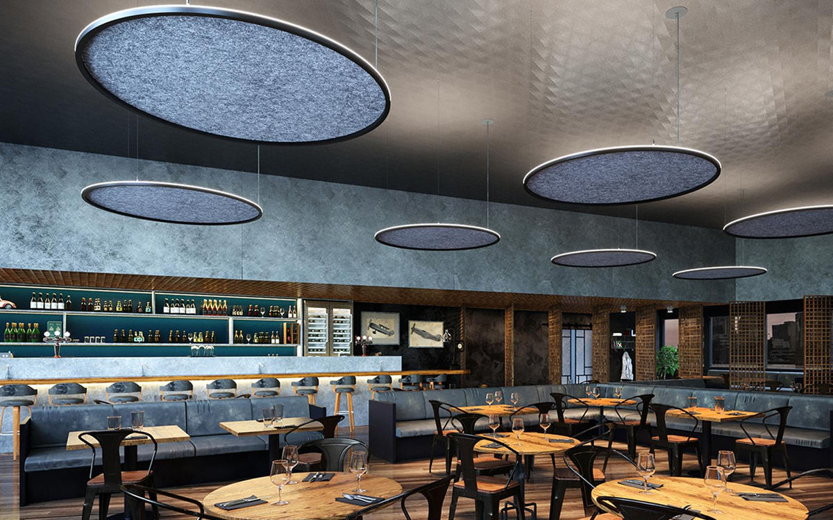 Suspended Acoustic Lighting Fixture with Indirect Beam Distribution for Open-Plan Offices and Hospitality Venues
