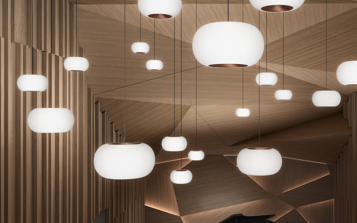 Suspended LED Light Sculptures with Concave Copper or Brass Reflectors and Soft Diffused Glow