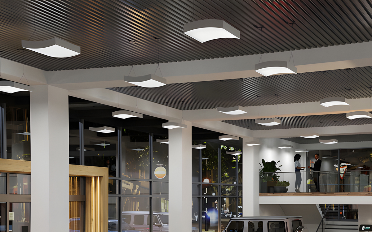 Suspended LED Luminaire with Soft Curved Lens for Commercial Interiors