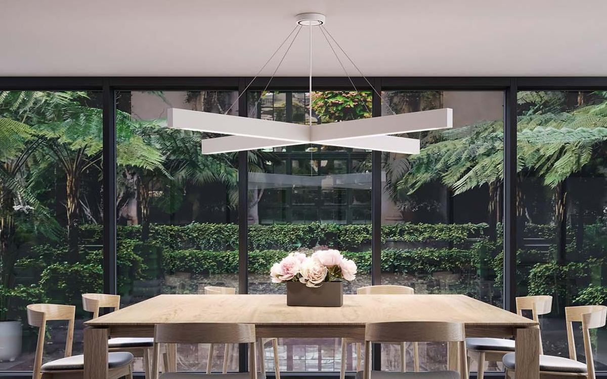 Suspended X-Shaped LED Light with PoE Integration for Office and Educational Spaces