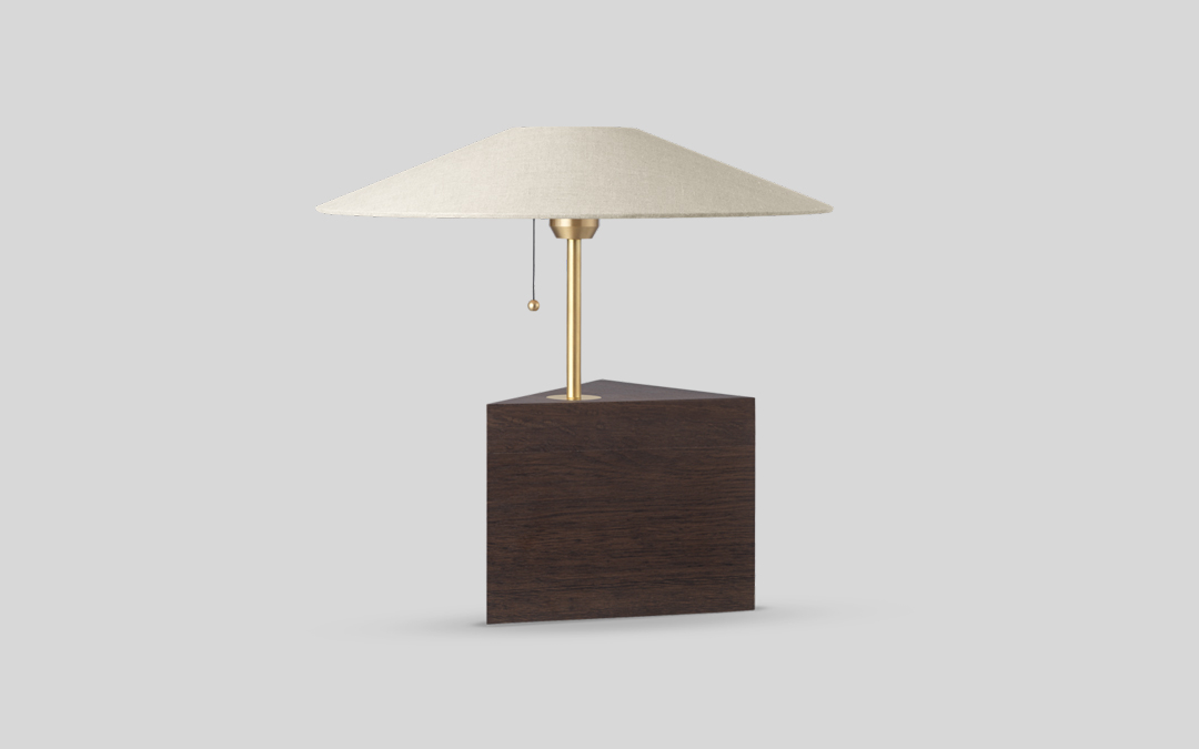 Table Lamp with Flat Linen Shade and Triangular Wooden Base