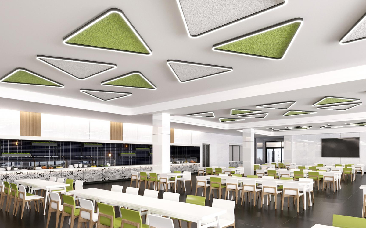 Triangle LED Ceiling Light with Acoustic Panels for Noise Reduction in Commercial Spaces