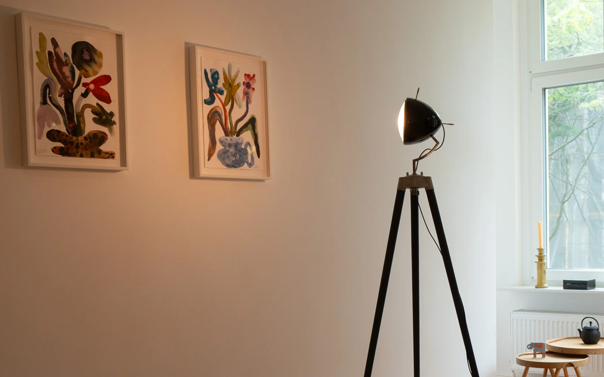Tripod Floor Lamp with Black Wooden Legs and Sculptural Design for Contemporary Interiors