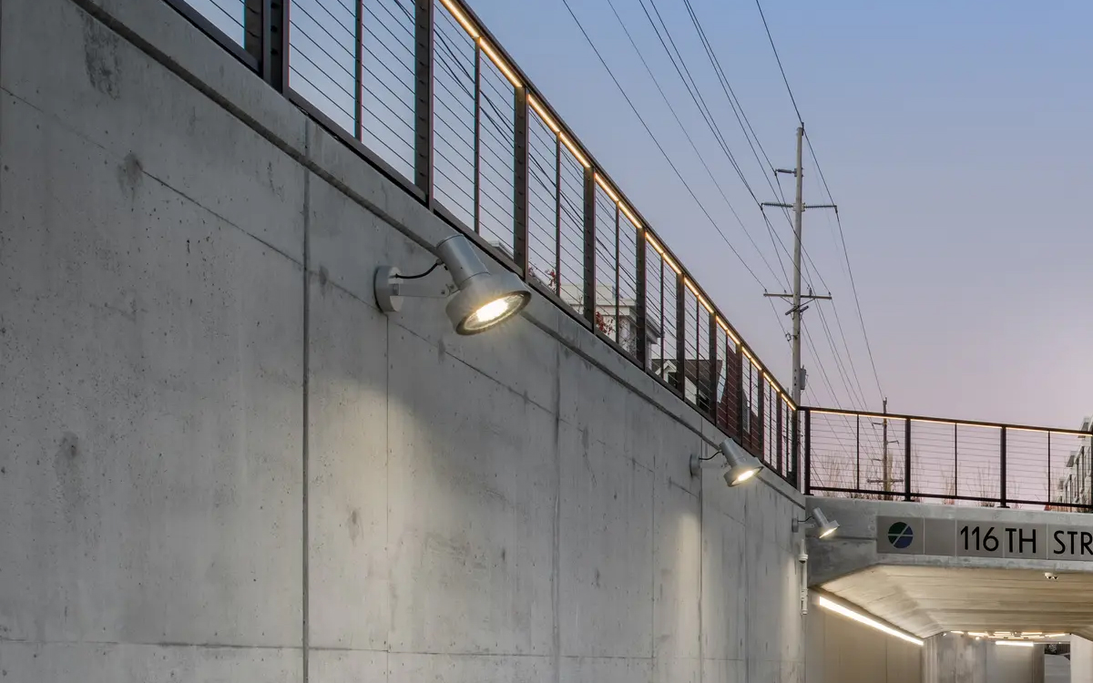 Wall Mount Outdoor LED Fixture with Multiple CCT Options for Pedestrian Walkways