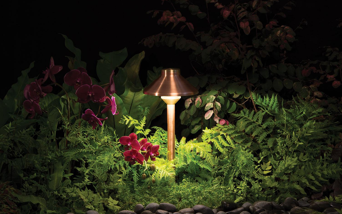 Wildlife-Friendly LED Path Light with 3LEDT Certification and Antique Brass Riser for Eco-Conscious Installations